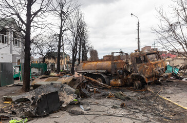 War in Ukraine. Destroyed Russian military equipment in Bucha, Ukraine