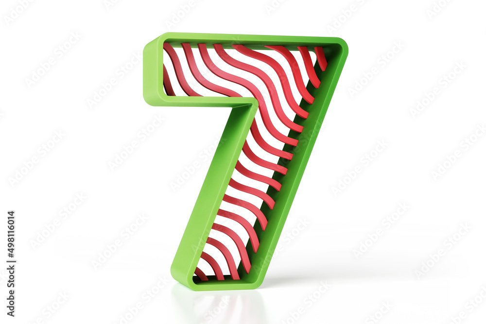 Aufkleber 3d geometric number 7 made of green and red matte painted plastic with wavy shapes. high definition 