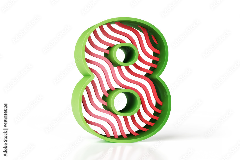 Poster fruity style number 8 3d designed with green borders and red waves. high quality 3d rendering.
