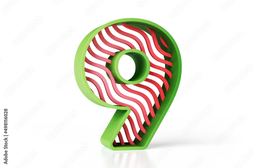 Poster 3d number 9 made of green outline and red wavy pattern. high quality 3d rendering.