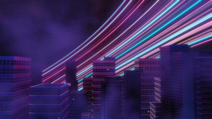 Fototapeta na wymiar 3d render of Cyber punk night city landscape concept. Light glowing on dark scene. Night life. Technology network for 5g. Beyond generation and futuristic of Sci-Fi Capital city and building scene.