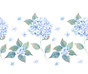 Watercolor seamless border witn hortensia, hydrangea. Hand drawn illustration. Floral background - 498116431