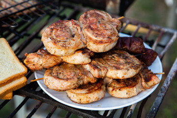 A large variety of grilled meat on the fire outside. Picnic with meat: sausages, pork steak, chicken breast with vegetables. 