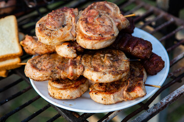 A large variety of grilled meat on the fire outside. Picnic with meat: sausages, pork steak, chicken breast with vegetables. 