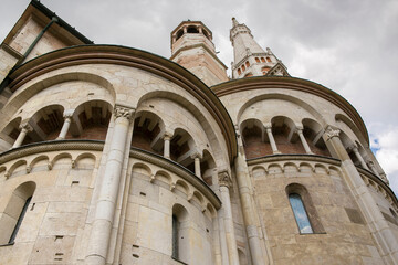 View of bell tower of the Cathedral of Modena, Italy. This tower is called Ghirlandina.