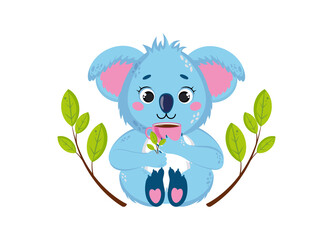 Cute animal- koala. With a sprig of tea leaves.