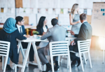 Theyre so focussed that everything else is a blur. Defocussed shot of a team of businesspeople attending a presentation in the boardroom.