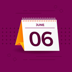 White and yellow calendar on burgundy background. 6th of June. Vector. 3D illustration.