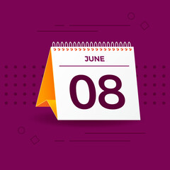 White and yellow calendar on burgundy background. 8th of June. Vector. 3D illustration.