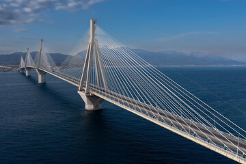 Huge suspension bridge with four large pillars over sea strait, Rio-Antirrio, Peloponnese, Greece