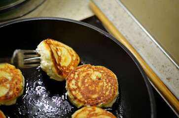 Fried pancake on the pan