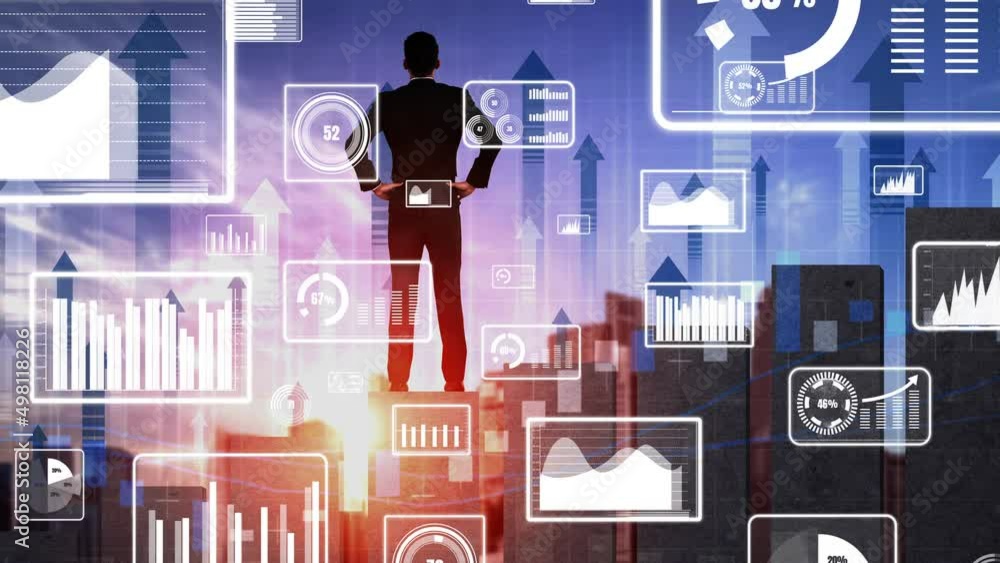 Poster double exposure image of business and finance conceptual - businessman with report chart up forward 