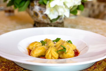 Italian ravioli with tomato sauce are on a plate
