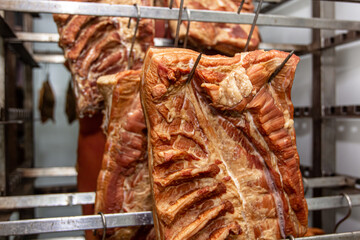 Smoked beef at a meat processing plant