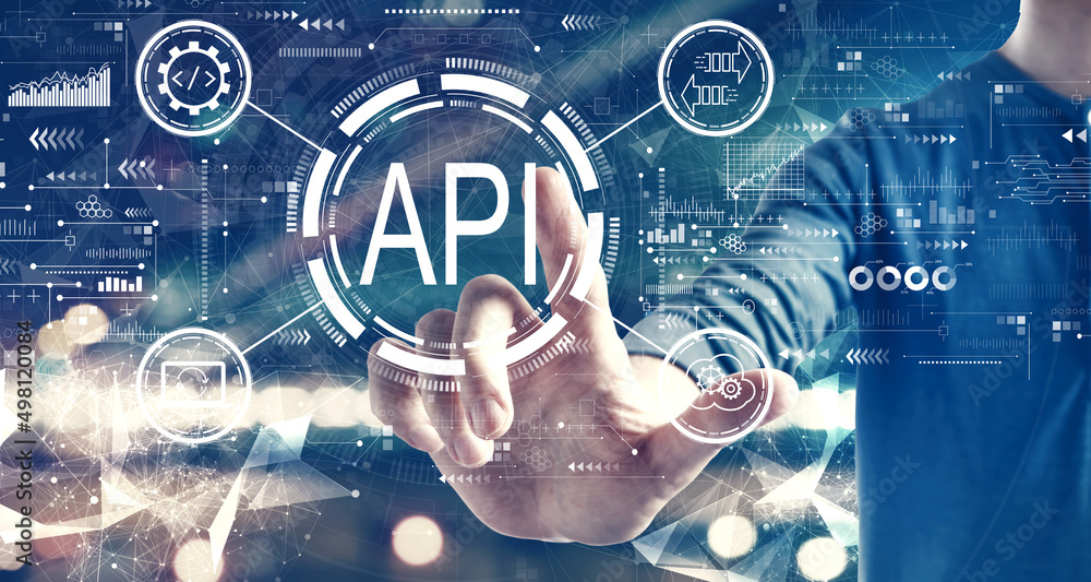 Poster api - application programming interface concept with a man on blurred city background