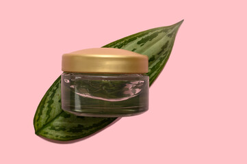 Natural cosmetic cream on a green leaf. Skin care.