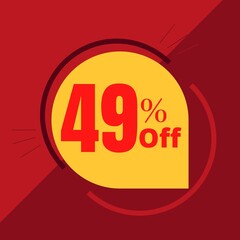 49% off sticker with yellow balloon and red background illustrating a promotion (discount offer)
