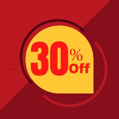 30% off sticker with yellow balloon and red background illustrating a promotion (discount offer)