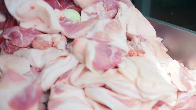 Modern minced meat production. Clp. Putting a large pieces of meat in a stainless bowl at the factory, concept of food.