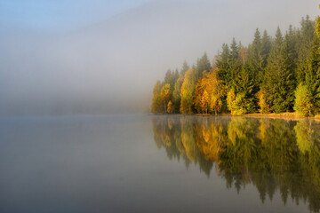 Autumn landscape in the mountains with trees reflecting in the water at St. Ana's lake, Romania