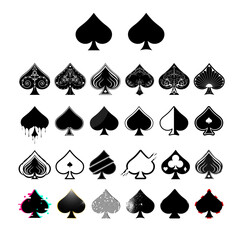 Big set of black spades suits playing cards of different designs for gambling. Great design for poker and casino of spades suits.