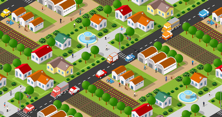 Country village district isometric illustration of a rural area