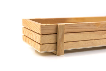 Empty wooden tray on white background