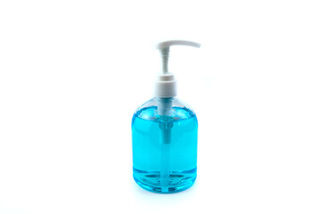 Alcohol gel in plastic bottle on white background