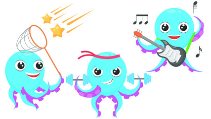 Fototapeta premium Set Abstract Collection Flat Cartoon Different Animal Blue Octopus Tentacles Plays The Guitar, Goes In For Sports With Dumbbells, Catching Stars Vector Design Style Elements Fauna Wildlife
