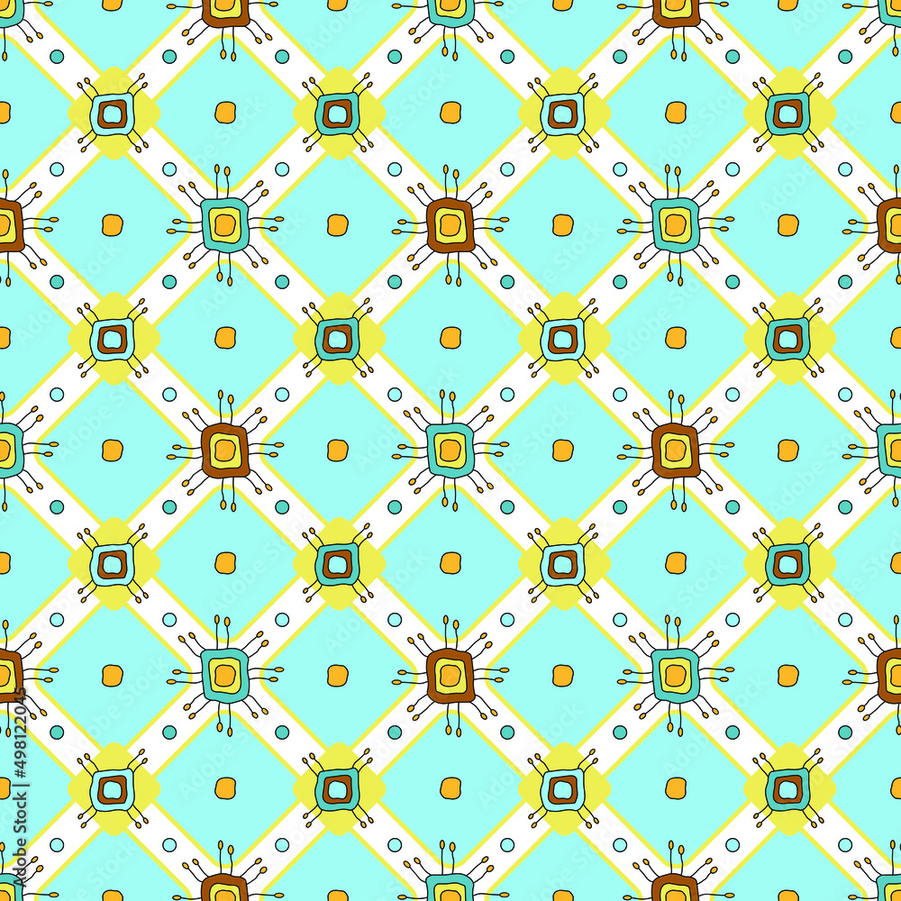 Poster multi-colored geometric shapes on a white lattice. lattice on a blue background. seamless pattern. v