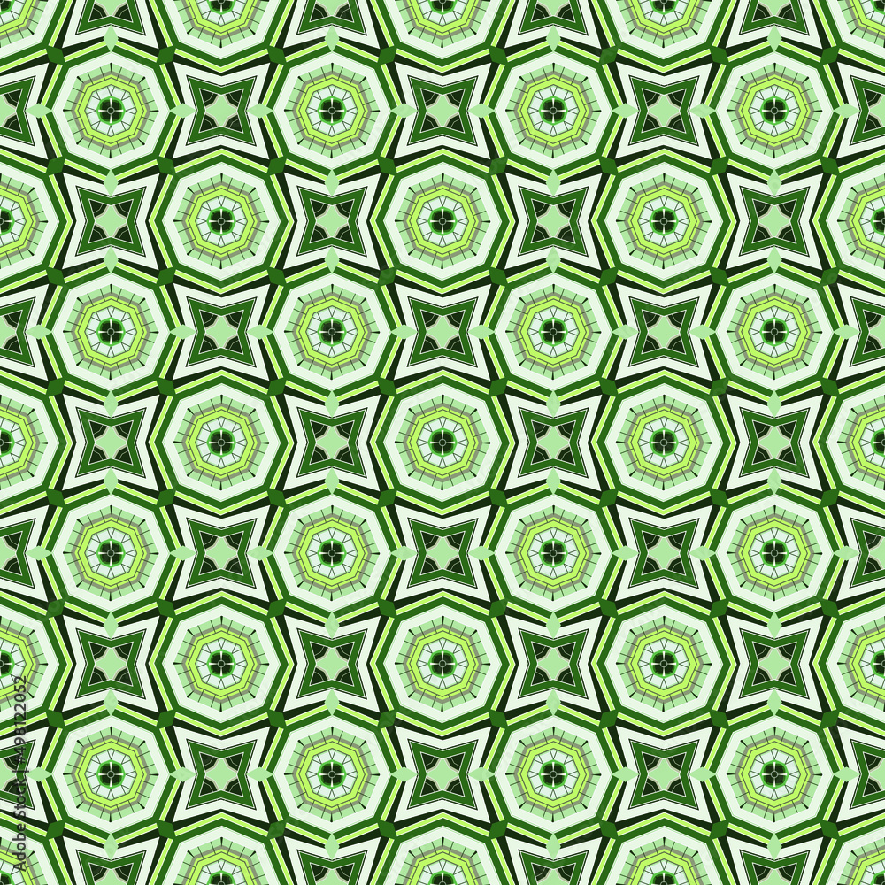 Poster green octagons with a pattern inside and quadrangular stars alternate, arranged in rows and form a t