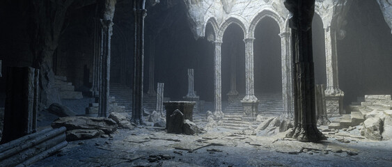 Donkere en griezelige oude verwoeste middeleeuwse fantasietempel. 3D illustratie.