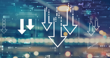 Descending arrows with blurred city abstract lights background