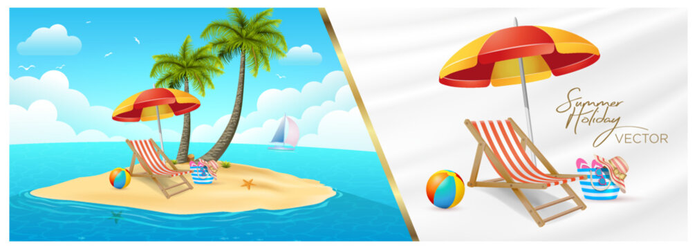summer vacation tourism theme palm sun lounger beach ball bag hat glasses slippers umbrella background seascape sky clouds illustrator vector