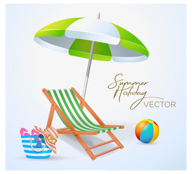 summer vacation tourism theme sunbed beach ball bag hat glasses slippers umbrella illustrator vector
