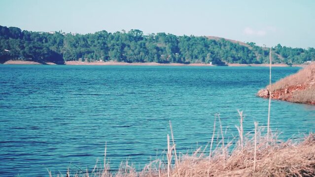 Beautiful landscape near shillong, Meghalaya in India. Amazing blue colored Umiam lake along with brown dry grass at shores and dense green forest in the background. Winter landscape in shillong.