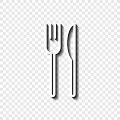 Restaurant, fork knife simple icon. Flat desing. White with shadow on transparent grid.ai