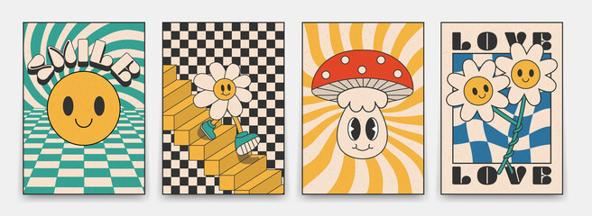 Fototapeta Collection of bright groovy posters 70s. Retro poster with psychedelic landscapes with flowers and mushrooms, vintage prints with grunge texture obraz