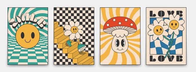 Fotobehang Collection of bright groovy posters 70s. Retro poster with psychedelic landscapes with flowers and mushrooms, vintage prints with grunge texture © BonkiStudio