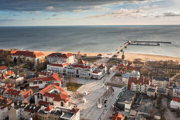 Naklejka premium Aerial landscape of Sopot at Baltic sea with the wooden pier - Molo, Poland