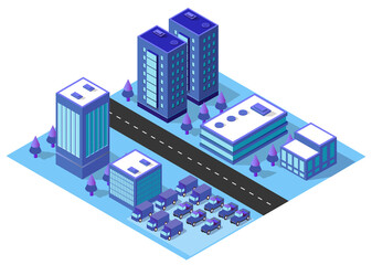 City urban area map Isometric vehicles 3D illustration architecture