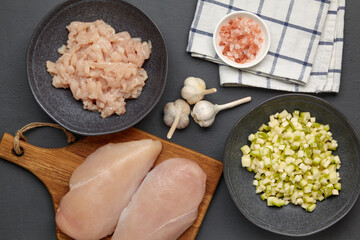 Ingredients for making chopped cutlets. Top view flat lay