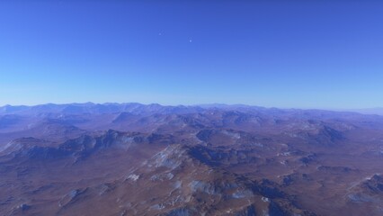 alien planet landscape sci fi spatial background, view from planet surface with spectacular sky, realistic digital illustration	
