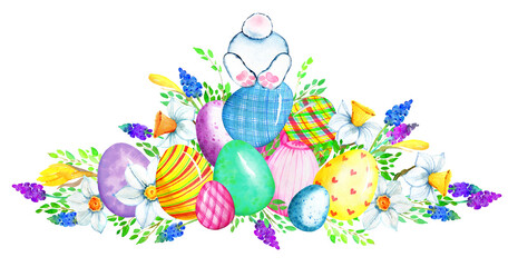 Obraz na płótnie Canvas Cute easter bunny, rabbit cottontail and eggs illustration painted with watercolor. Cartoon colorful elements isolated on white. Easter decoration, greeting, card, invitation