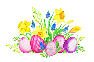Watercolor easter eggs and spring flowers illustration. Cartoon colorful elements isolated on white. Easter decoration, greeting, card, invitation