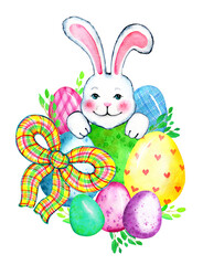 Cute easter bunny, rabbit cottontail and eggs illustration painted with watercolor. Cartoon colorful elements isolated on white. Easter decoration, greeting, card, invitation