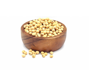 soybean seeds in a wooden bowl isolated on white background