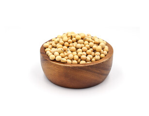 soybean seeds in a wooden bowl isolated on white background