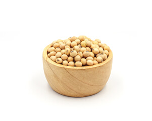 soybean seeds in a wooden bowl isolated on white background