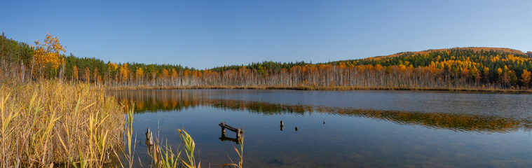 Forest lakes against the background of hills